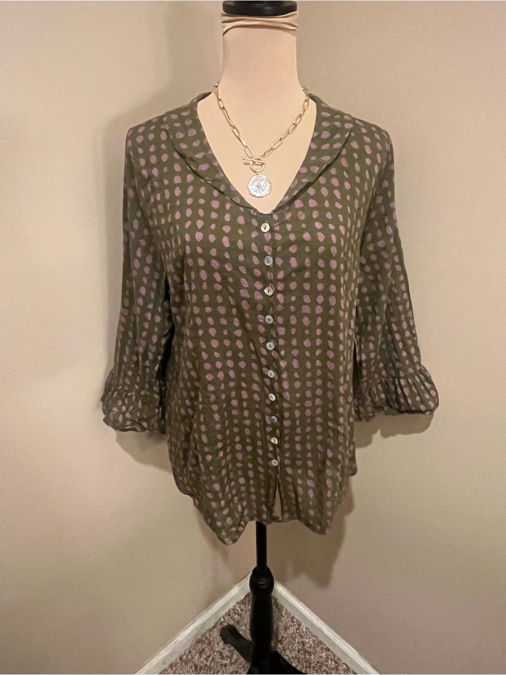 Little Journeys Olive Blouse, Pink Dots, button front v neck collar, Large